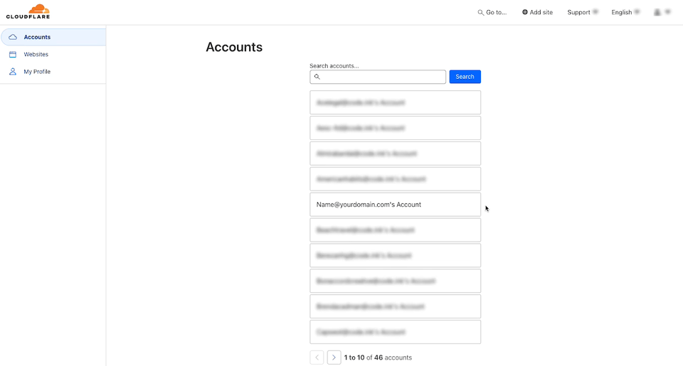 Screenshot of a web page titled "Accounts" featuring a search bar and a list of blurred email addresses followed by "Account." A cursor is hovering "Name@yourdomain.com's Account" indicating a click.