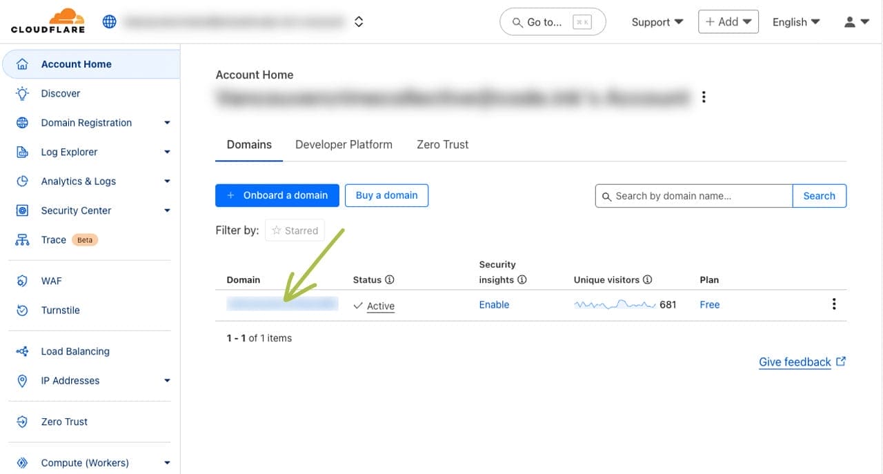 Screenshot of the Cloudflare Account Home, with an arrowing pointing to a domain, indicating to click the domain