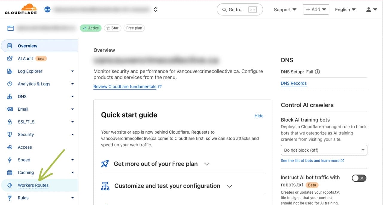 Screenshot of the Overview page in Cloudflare, with an arrow pointing to the "Workers Routes" menu item located in the left menu