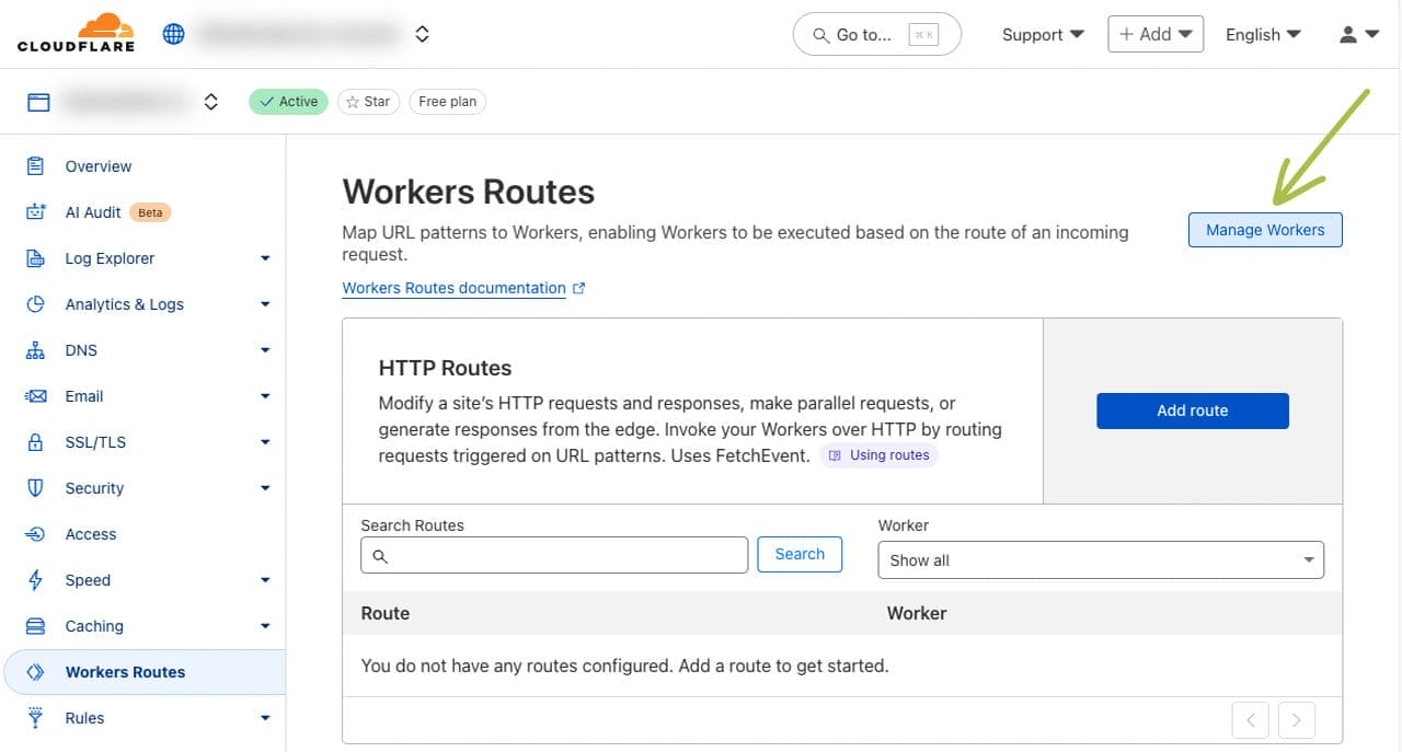 Screenshot of the "Workers Routes" page in Cloudflare, with an arrow pointing to the "Manage Workers" button