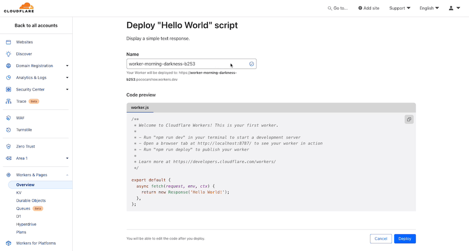 A screenshot of the Cloudflare interface for deploying a "Hello World" script. The page shows fields for naming the worker and a code preview box containing JavaScript code. A "Create" button is at the bottom-right corner.