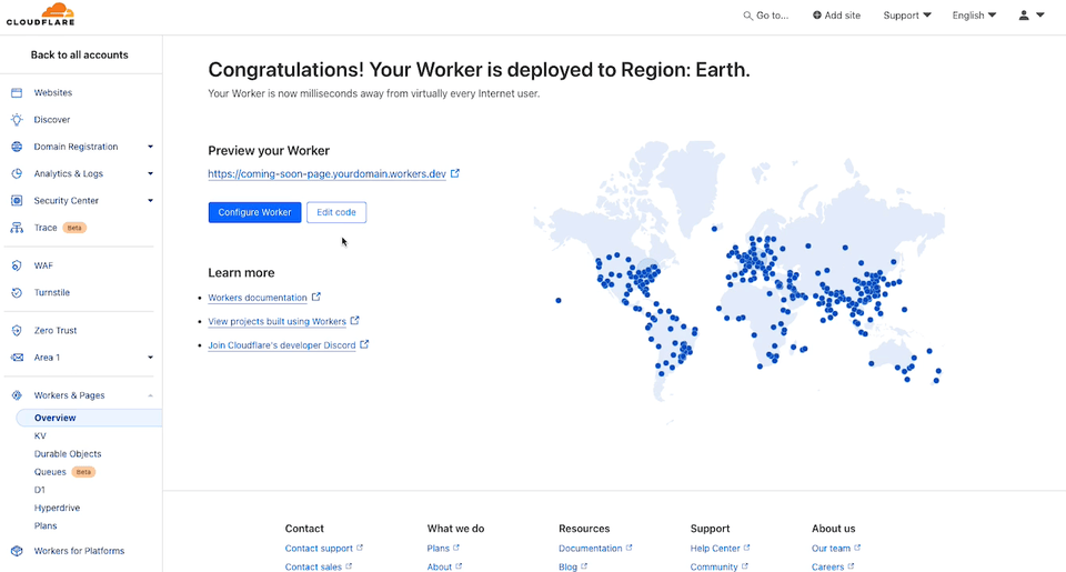 Cloudflare page showing a global map with blue dots indicating server locations. Text reads, "Congratulations! Your Worker is deployed to Region: Earth." Options to configure or edit the worker are available. A cursor is clicking the "Edit code" button.