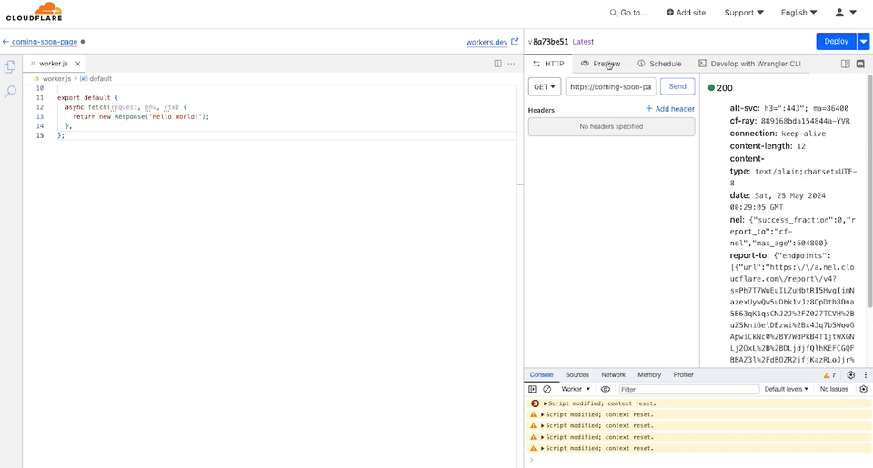 Screenshot of a Cloudflare dashboard. On the left is a serverless function code editor with basic JavaScript code, and on the right is a request panel showing a GET method with various HTTP headers and a response preview.