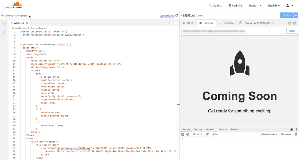 A Cloudflare Workers interface showing the code for a custom “Coming Soon” page on the left and the live preview with a rocket icon and “Coming Soon” message on the right.