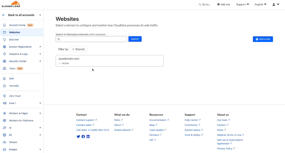 Cloudflare dashboard showing the Websites section, with one domain, yourdomain.com, listed and options to add a site or filter domains.
