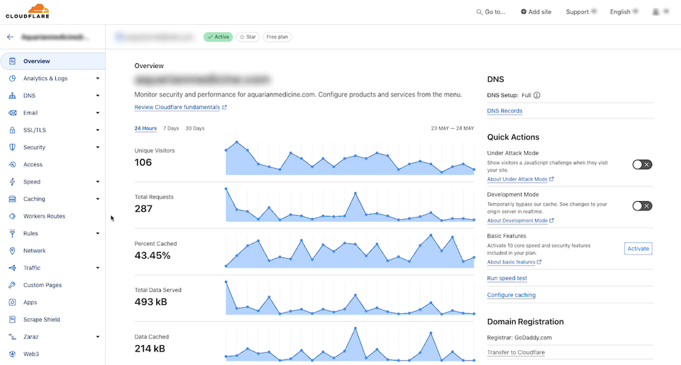 Cloudflare dashboard overview showing analytics for unique visitors, requests, cache rates, data served, and cached data over time with DNS and quick action options on the right.