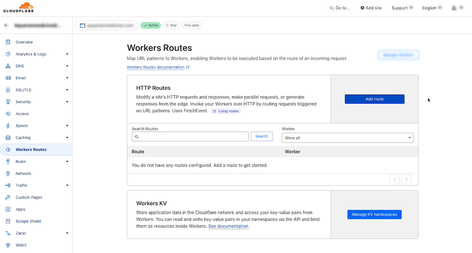 Cloudflare dashboard showing the Workers Routes section, with options to add HTTP routes and manage Workers KV, and no routes currently configured.