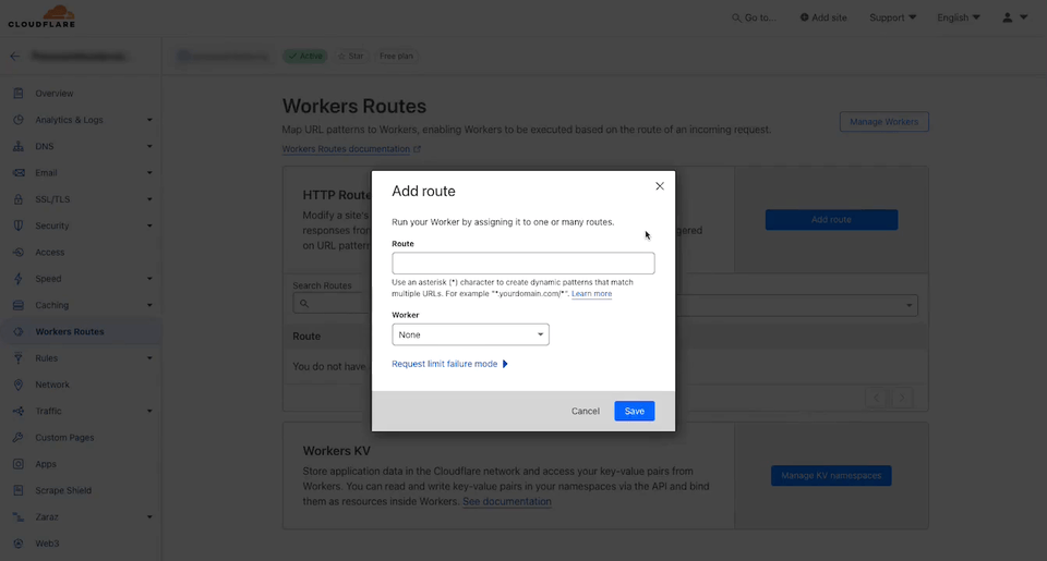 A modal in the Cloudflare Workers dashboard showing the “Add route” form, where a route pattern and Worker can be selected before saving.