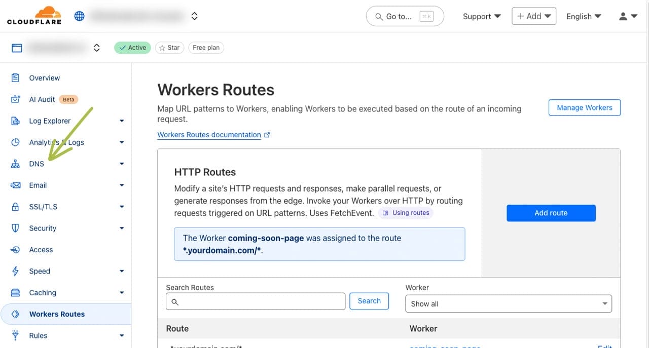 Screenshot of the "Workers Routes" page in Cloudflare, with an arrow pointing to the "DNS" menu item in the left navigation panel
