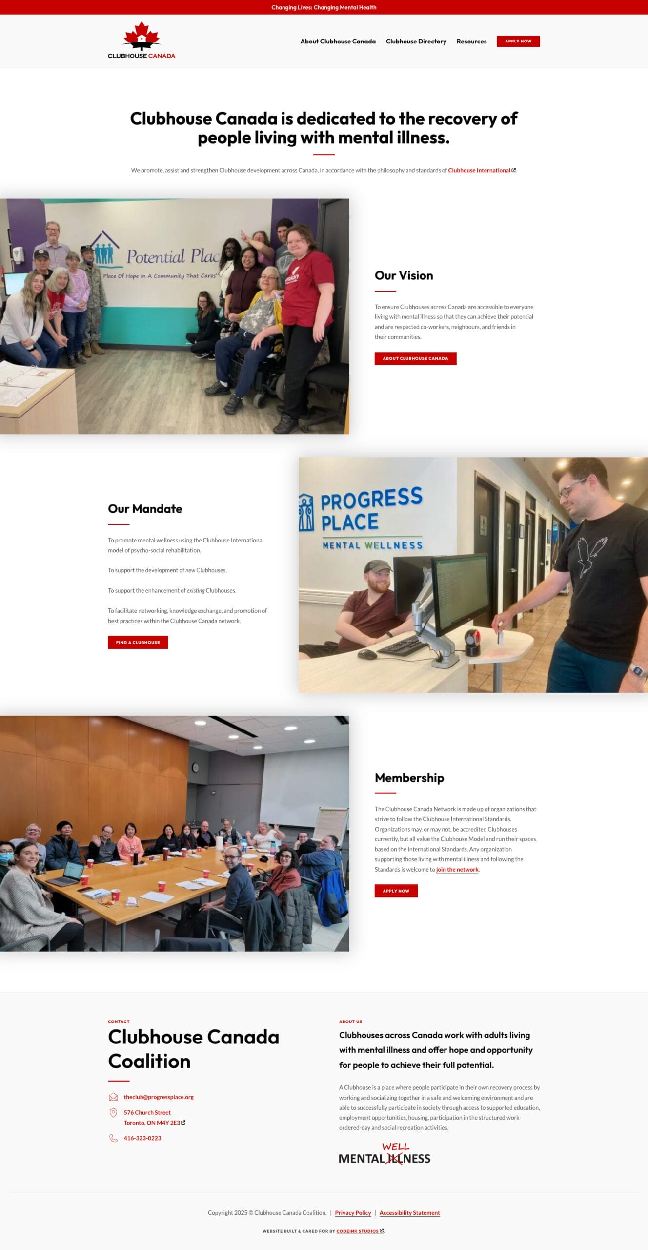 Website screenshot of clubhousecanada.org