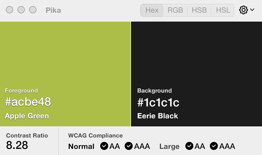 The color contrast comparison tool showcases Web Accessibility by displaying two colors: Apple Green (#acbe48) as foreground and Eerie Black (#1c1c1c) as background. The excellent contrast ratio of 8.28 meets WCAG AA and AAA standards for both normal and large text.