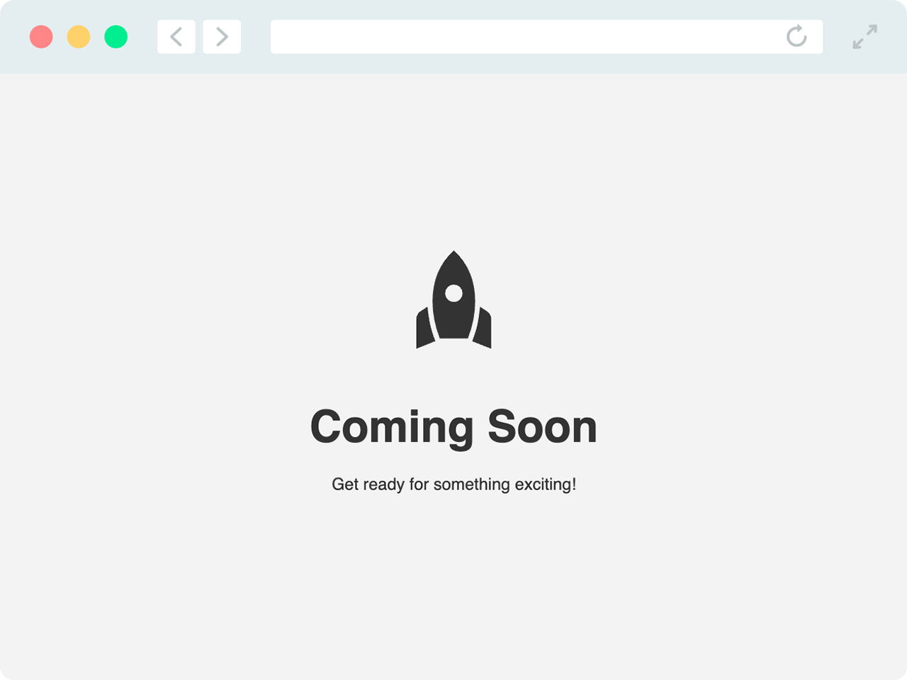 A browser mockup displaying a centered “Coming Soon” message with a rocket icon and a short tagline.