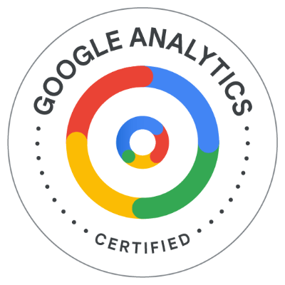 Google Analytics Certified badge featuring a circular, multicolored design with the words "Google Analytics Certified" in black text around it.