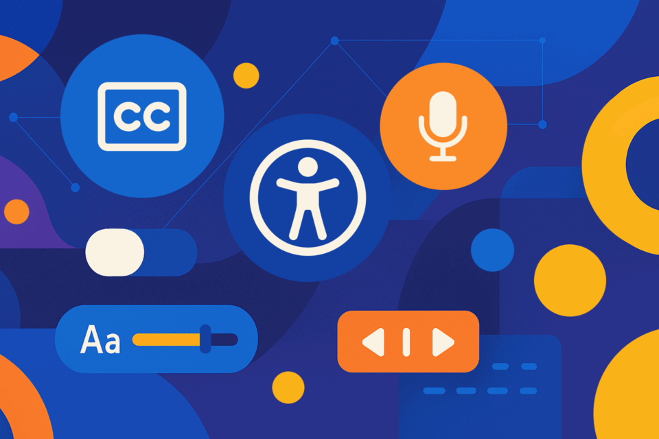 Abstract illustration featuring accessibility icons, including closed captions, microphone, universal access symbol, text size adjustment, and media playback controls on a blue background with geometric shapes