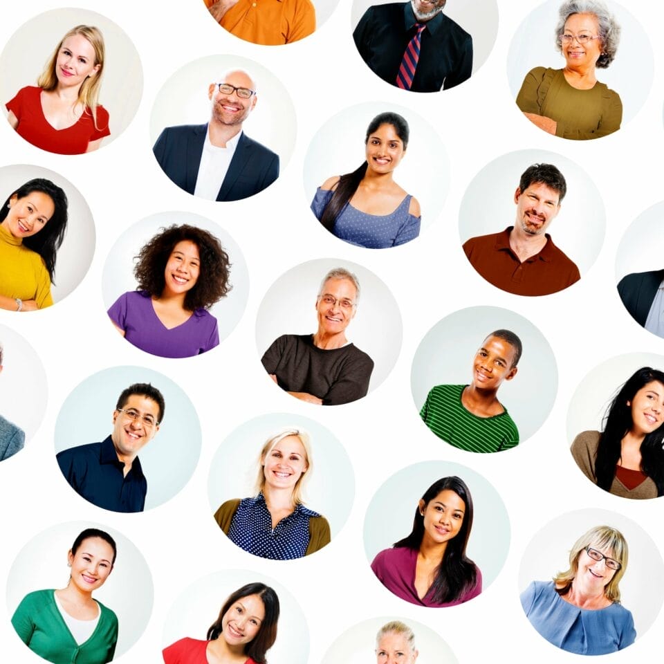 A collage of diverse people, each smiling and posed in individual circular frames against white backgrounds