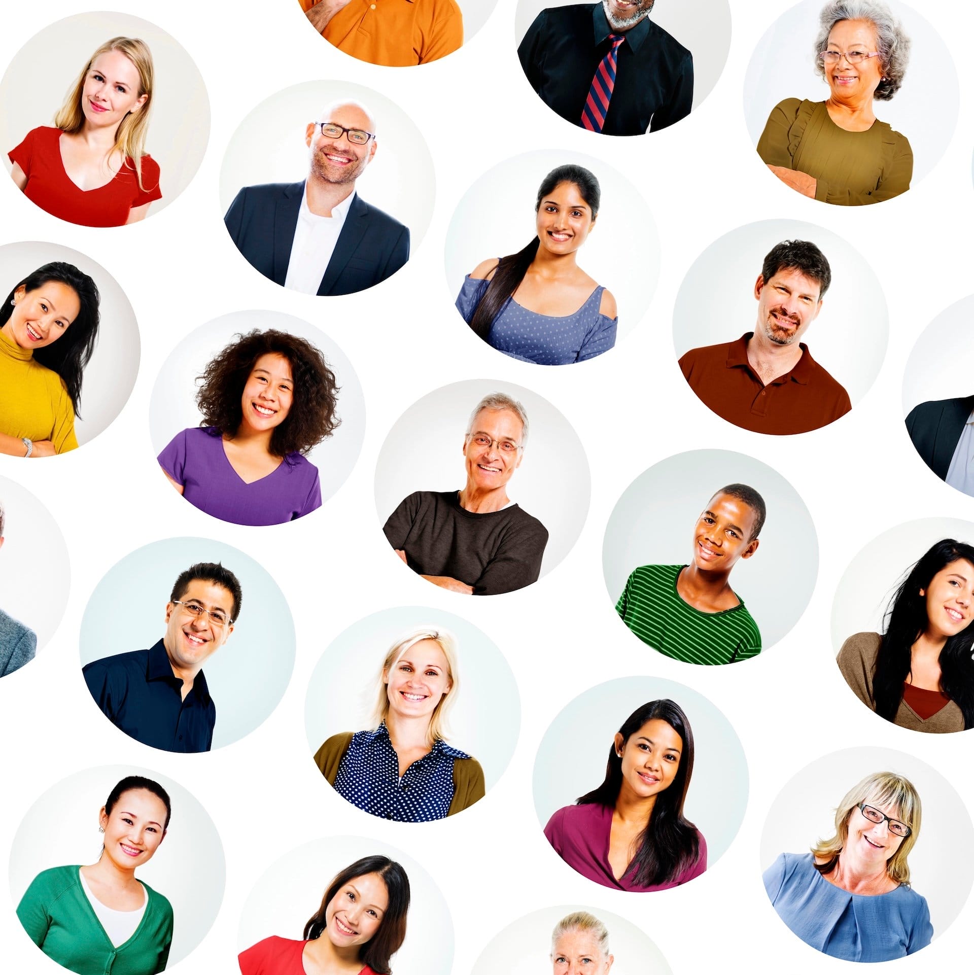 A collage of diverse people, each smiling and posed in individual circular frames against white backgrounds