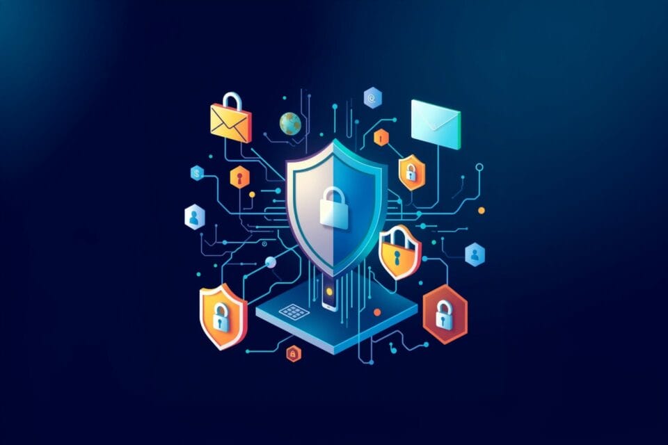 An illustration of a shield with a lock at the center, surrounded by connected security icons, representing online security and protection