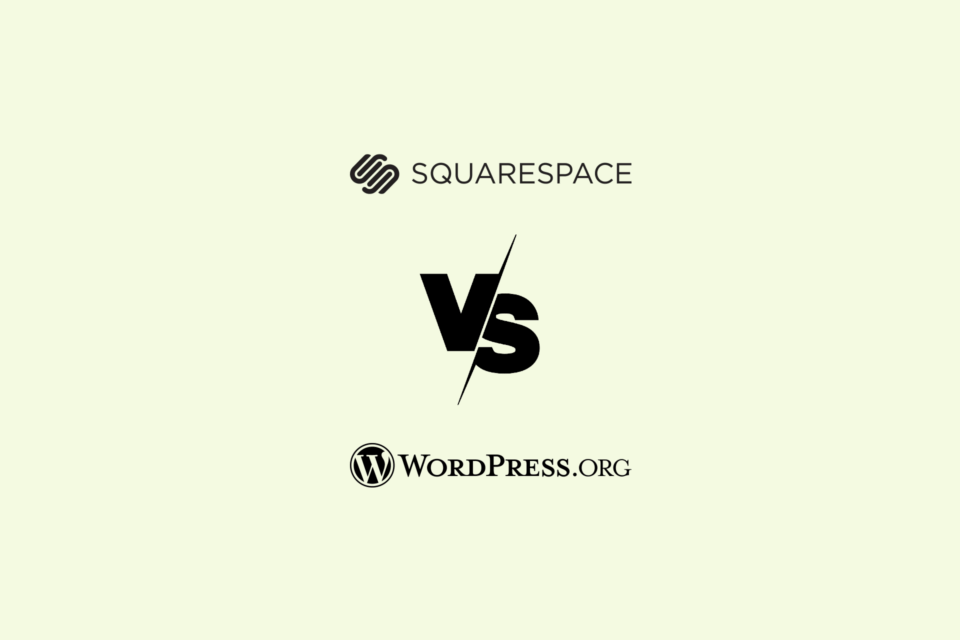Squarespace logo above "vs" and WordPress.org logo on a light background, representing a comparison between the two website platforms